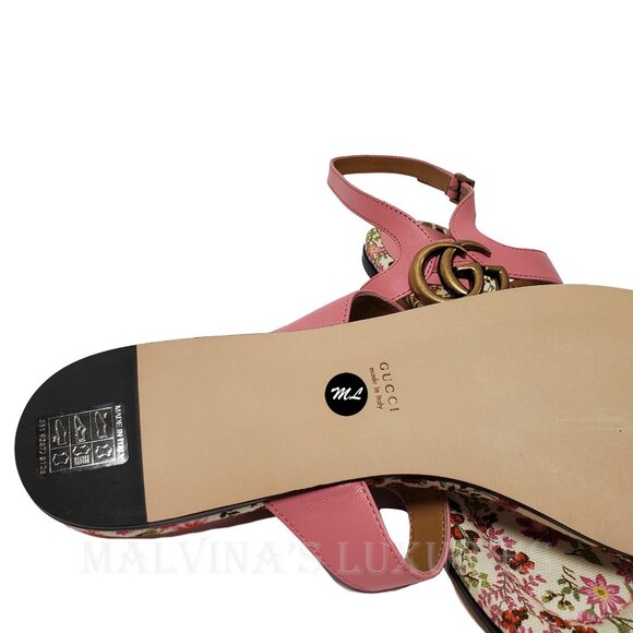 GUCCI SHOES DOUBLE G MARMONT LOGO LEATHER THONG FLORAL SOLE SANDAL sz 40 10 - Picture 12 of 16